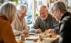 Quatre seniors souriants jouent aux dominos, profitant de la convivialité d'un habitat participatif seniors.