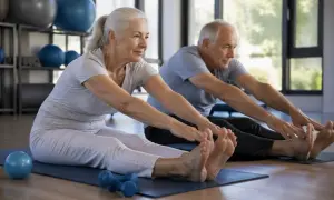 Couple âgé pratiquant la gym douce Pilates, étirant leurs jambes sur des tapis de yoga.