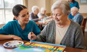 Une aide-soignante encourage une résidente d'un ehpad Alzheimer à peindre un arc-en-ciel, créant un moment de joie et de connexion.