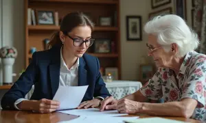 Une jeune femme en costume bleu explique un document à une femme âgée aux cheveux blancs. Elles sont assises à une table en bois.