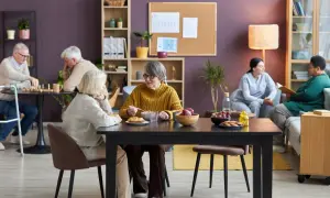 Des résidents profitent d'un repas convivial dans une maison partagée senior. L'un d'eux mange une soupe, tandis que d'autres jouent aux échecs ou discutent.