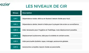 Tableau des niveaux de GIR, du GIR 1 (dépendance totale) au GIR 6 (autonomie complète, besoin d'aide occasionnelle).
