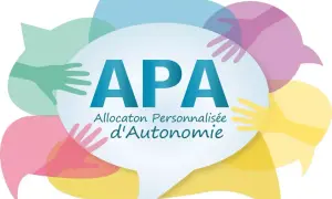 Logo APA : Allocaton Personnalisée d'Autonomie. Un plan d'aide personnalisé pour personne âgée, symbolisé par des mains bienveillantes et des bulles de dialogue colorées.