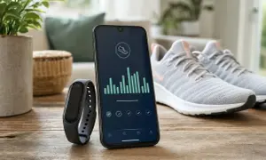 Montre connectée et smartphone affichant un graphique du nombre de pas par jour, à côté d'une paire de baskets.