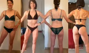 Femme musclée, 50 ans, en lingerie, montrant sa silhouette athlétique sous différents angles.