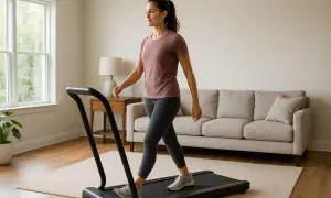 Une femme fait une marche active chez soi pour seniors sur un tapis roulant, dans un salon lumineux.