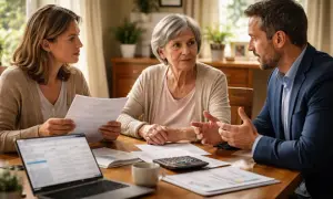 Une femme discute avec sa mère et un homme d'affaires, documents à l'appui. Ma soeur a procuration sur les comptes de ma mère, une situation qui demande clarté.