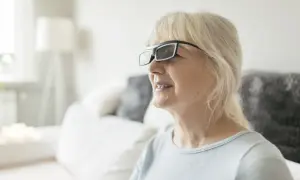 Une femme âgée porte des lunettes spéciales, peut-être dans une maison de retraite spécialisée pour les malvoyants, profitant d'un moment de confort.
