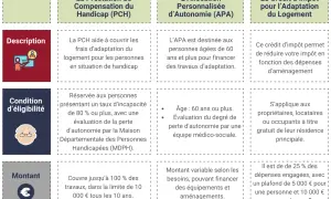 Tableau comparatif des aides pour l'adaptation du logement. La PCH est un prêt à taux zéro pour personne handicapée.