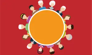 Des personnes diverses se tiennent autour d'un cercle orange, symbolisant une réunion ou un projet, comme pour un CV d'EHPAD.