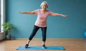 Une femme âgée souriante fait du sport à la maison, sur un tapis bleu, bras écartés pour l'équilibre.