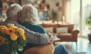 Un couple âgé s'enlacent tendrement, symbolisant la sauvegarde de justice médicale et l'amour durable.