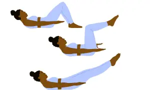 Femme effectuant un exercice bas du ventre, passant de la position assise jambes pliées à la position allongée jambes tendues.