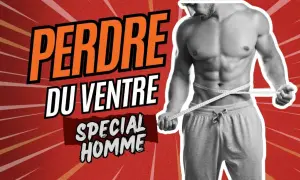 Homme mesurant sa taille, texte "Perdre du ventre spécial homme". Un exercice pour perdre du ventre est présenté.