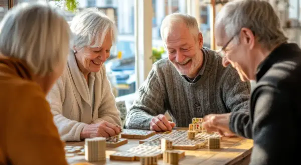 Quatre seniors souriants jouent aux dominos, profitant de la convivialité d'un habitat participatif seniors.
