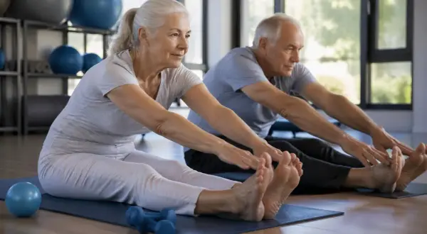Couple âgé pratiquant la gym douce Pilates, étirant leurs jambes sur des tapis de yoga.