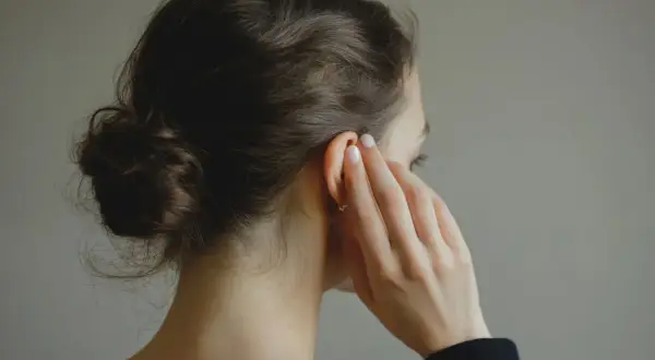 Une femme aux cheveux bruns en chignon touche son oreille, suggérant une solution naturelle comme l'huile d'amande pour les bouchons d'oreille.