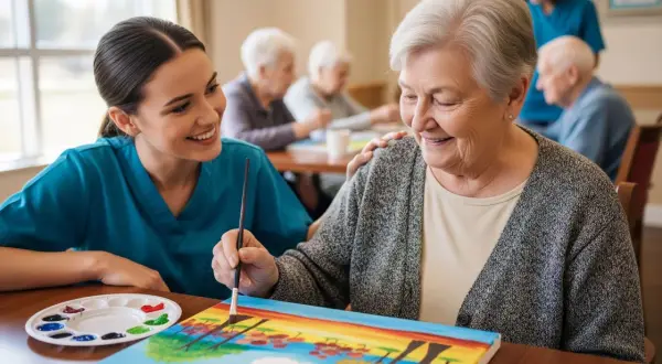 Une aide-soignante encourage une résidente d'un ehpad Alzheimer à peindre un arc-en-ciel, créant un moment de joie et de connexion.