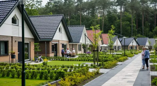Un village de maisons individuelles pour seniors, avec des résidents profitant de l'extérieur.