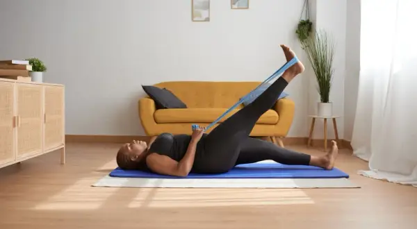 Femme faisant des exercices de gymnastique d'entretien avec une bande élastique, allongée sur un tapis bleu dans un salon lumineux.