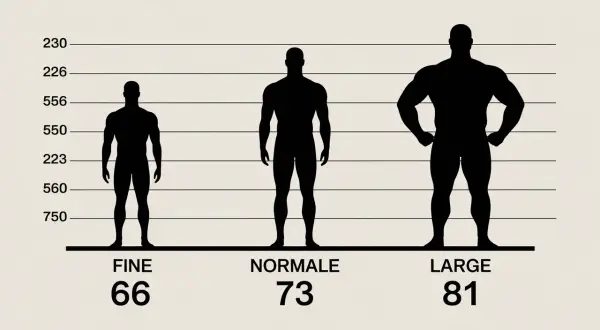Silhouettes d'hommes de différentes morphologies. Pour 1m80, quel poid ? Fine (66kg), Normale (73kg), Large (81kg).