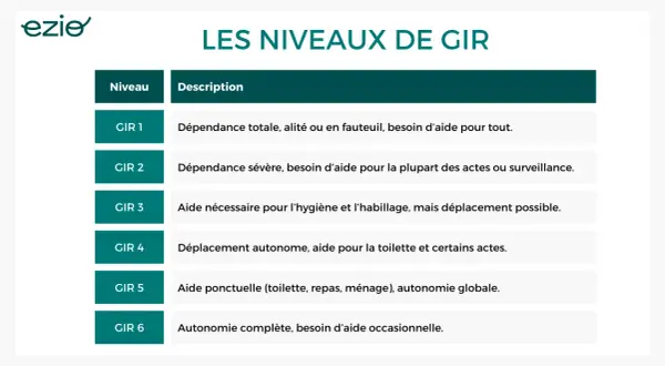 Tableau des niveaux de GIR, du GIR 1 (dépendance totale) au GIR 6 (autonomie complète, besoin d'aide occasionnelle).
