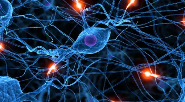 Neurones bleus interconnectés, avec des éclairs d'énergie orange. Une image qui évoque la complexité du cerveau, et la recherche sur la parkinson cause psychologique.