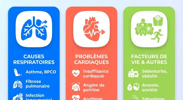 Essoufflé au moindre effort : causes respiratoires (asthme, fibrose, infection), cardiaques (insuffisance, angine, arythmie) et facteurs de vie (sédentarité, anxiété, tabagisme).