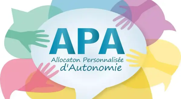 Logo APA : Allocaton Personnalisée d'Autonomie. Un plan d'aide personnalisé pour personne âgée, symbolisé par des mains bienveillantes et des bulles de dialogue colorées.