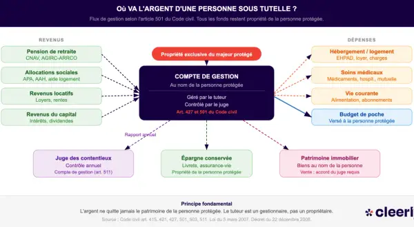 Schéma expliquant la gestion des revenus et dépenses d'une personne sous tutelle, incluant le compte de gestion et le budget de poche.