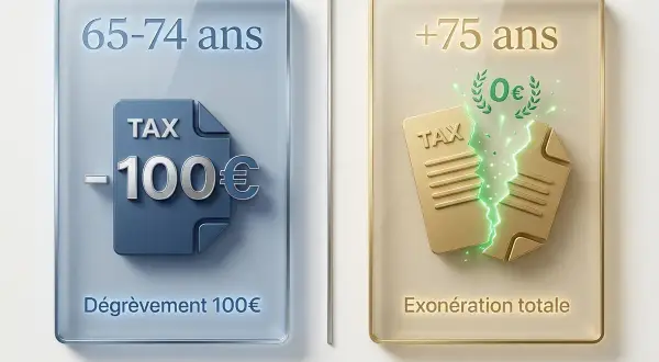 Pour les 65-74 ans, dégrèvement de 100€ sur la taxe. Pour les +75 ans, exonération totale de taxe foncière 2026 sous conditions.