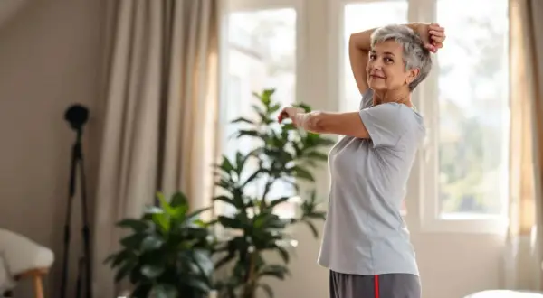 Une femme senior souriante pratique un assouplissement du dos, bras levés, dans un salon lumineux.