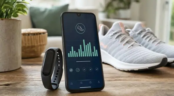 Montre connectée et smartphone affichant un graphique du nombre de pas par jour, à côté d'une paire de baskets.