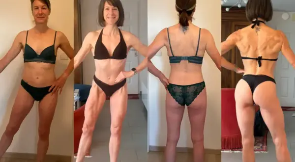 Femme musclée, 50 ans, en lingerie, montrant sa silhouette athlétique sous différents angles.