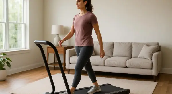 Une femme fait une marche active chez soi pour seniors sur un tapis roulant, dans un salon lumineux.
