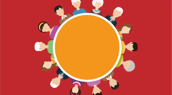 Des personnes diverses se tiennent autour d'un cercle orange, symbolisant une réunion ou un projet, comme pour un CV d'EHPAD.