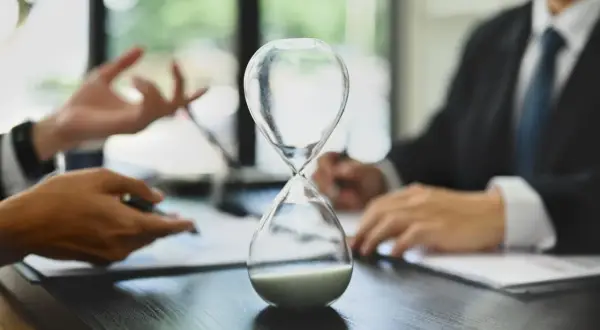 Sablier au premier plan, symbolisant le temps qui passe. Discussion sur combien de temps pour toucher l'argent d'une succession.