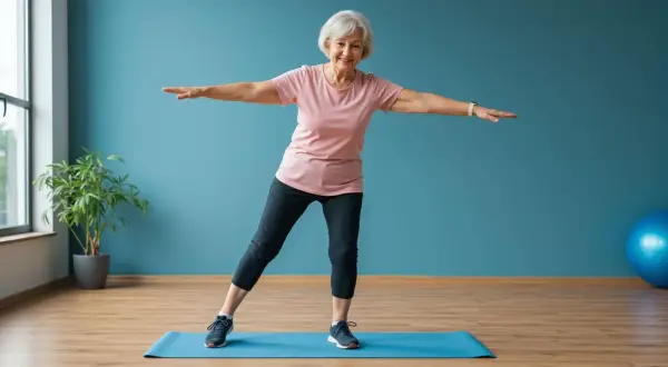 Une femme âgée souriante fait du sport à la maison, sur un tapis bleu, bras écartés pour l'équilibre.