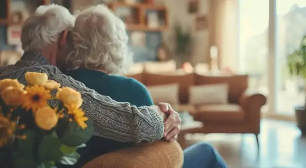Un couple âgé s'enlacent tendrement, symbolisant la sauvegarde de justice médicale et l'amour durable.