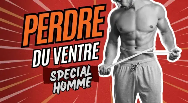 Homme mesurant sa taille, texte "Perdre du ventre spécial homme". Un exercice pour perdre du ventre est présenté.