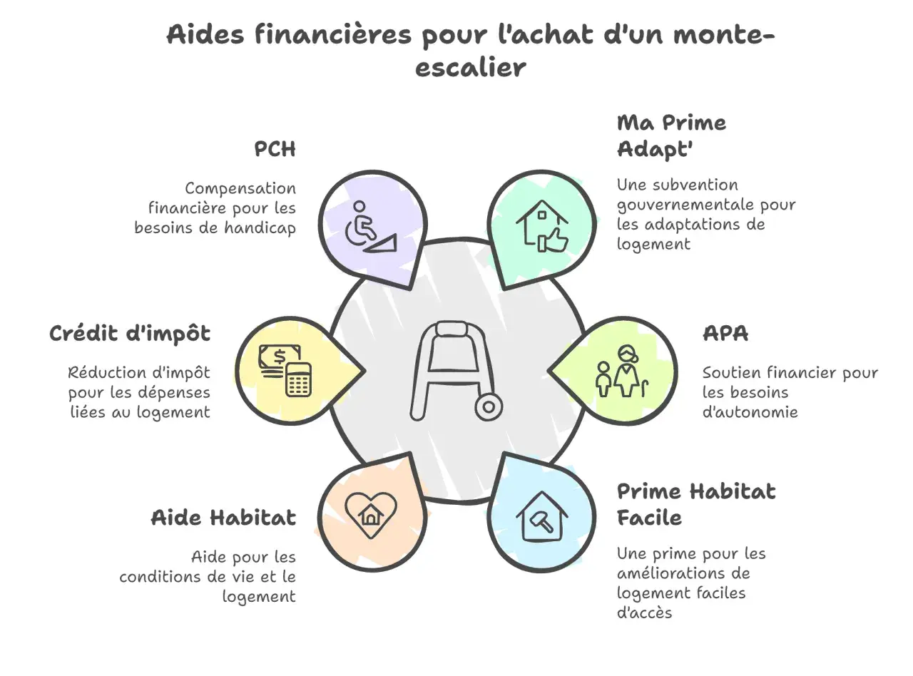Schéma illustrant différentes aides financières pour l'achat d'un monte-escalier.