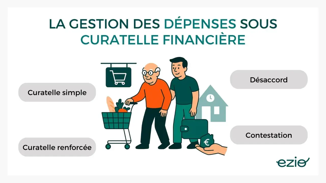 Un homme âgé fait ses courses avec un aidant, illustrant la gestion des dépenses sous curatelle renforcée.