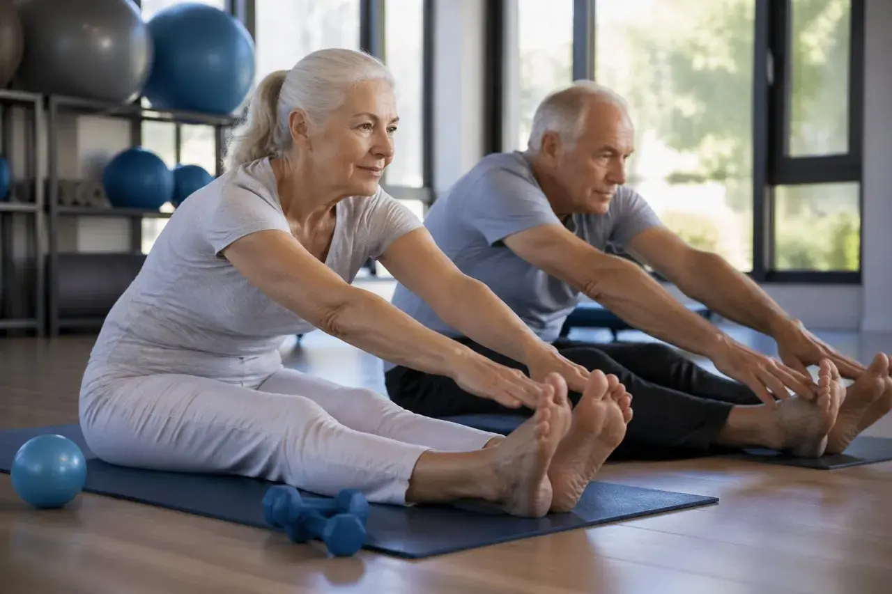 Couple âgé pratiquant la gym douce Pilates, étirant leurs jambes sur des tapis de yoga.