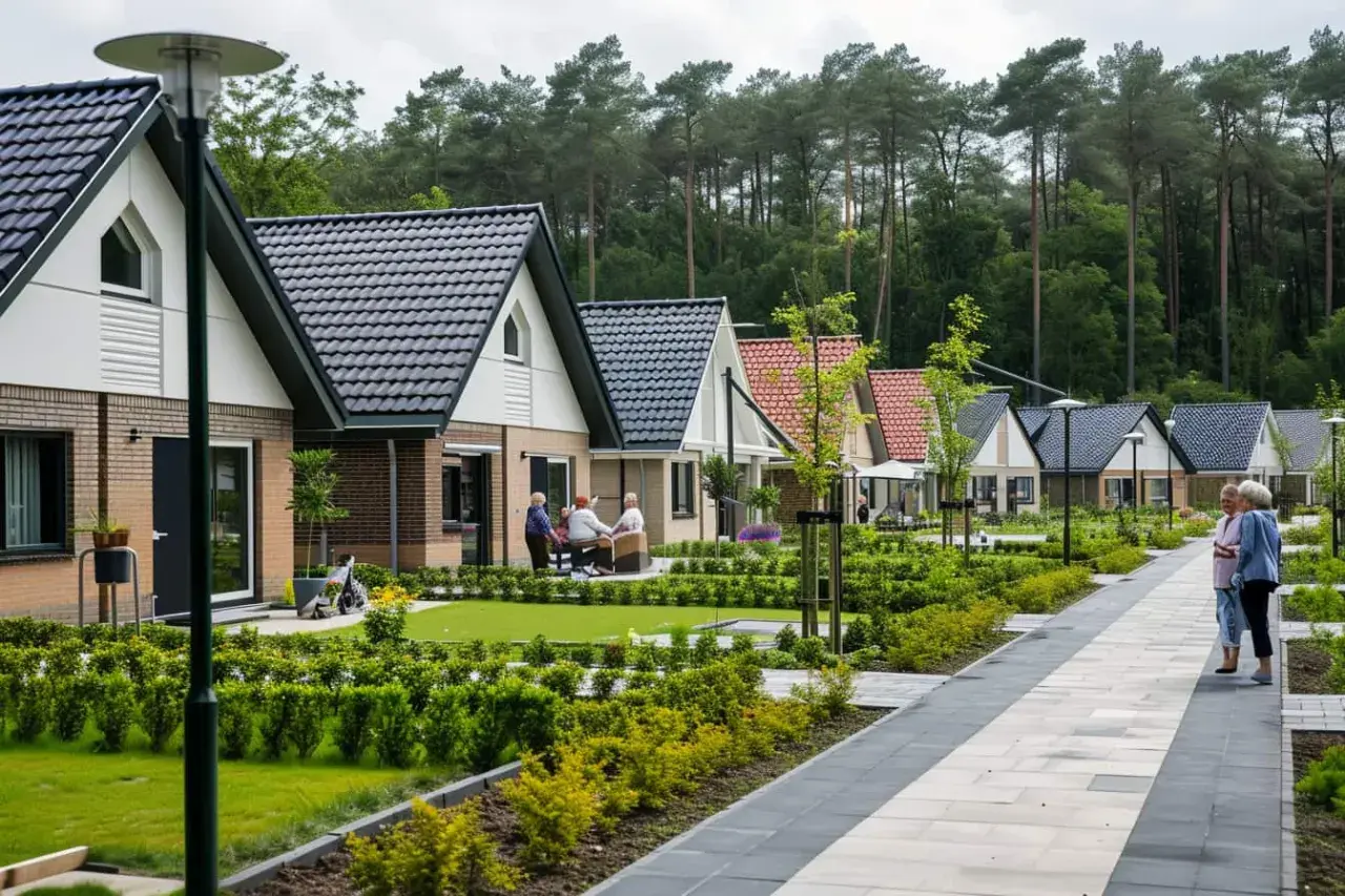 Un village de maisons individuelles pour seniors, avec des résidents profitant de l'extérieur.