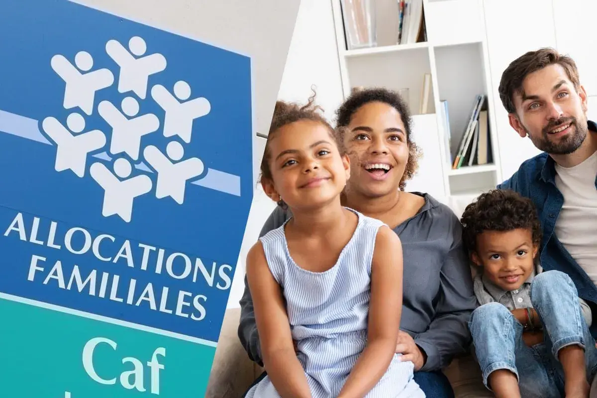 Le logo de la Caf et une famille souriante. La Caf soutient les familles, offrant des ald avantages pour leur bien-être.