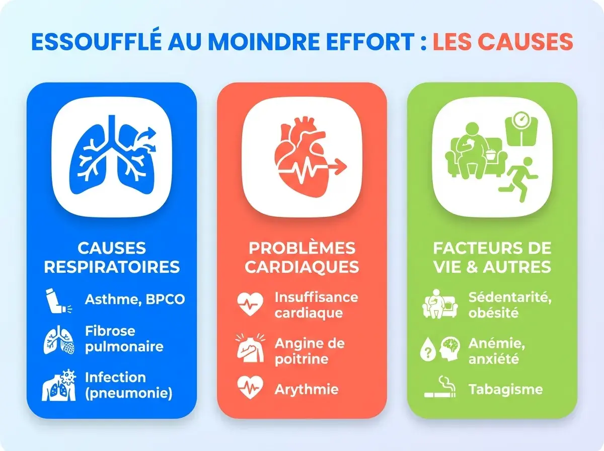 Essoufflé au moindre effort : causes respiratoires (asthme, fibrose, infection), cardiaques (insuffisance, angine, arythmie) et facteurs de vie (sédentarité, anxiété, tabagisme).