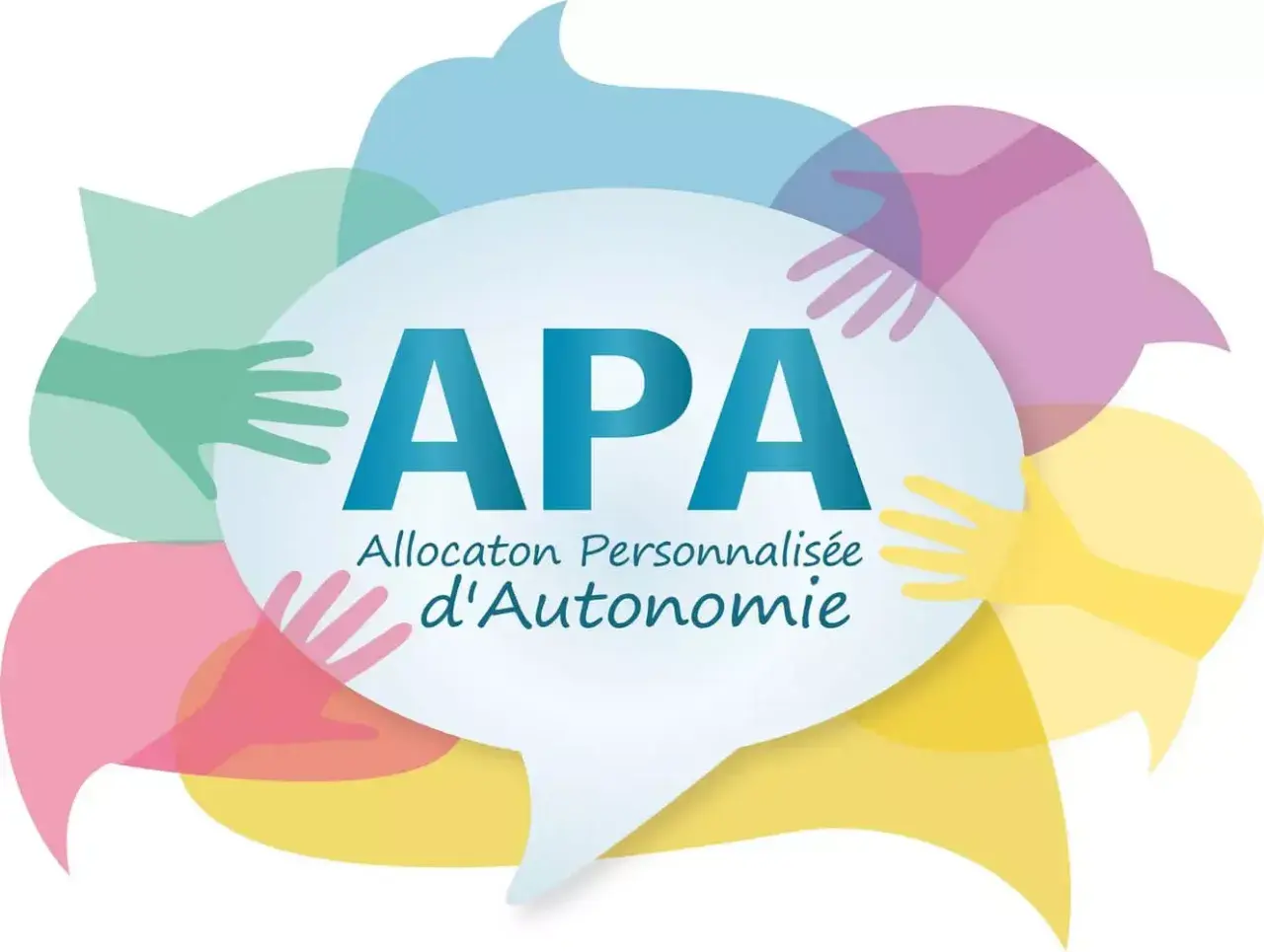 Logo APA : Allocaton Personnalisée d'Autonomie. Un plan d'aide personnalisé pour personne âgée, symbolisé par des mains bienveillantes et des bulles de dialogue colorées.