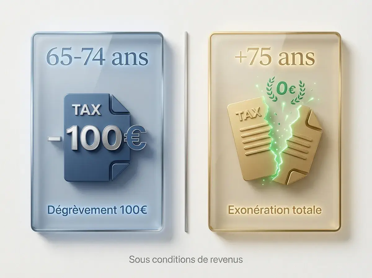 Pour les 65-74 ans, dégrèvement de 100€ sur la taxe. Pour les +75 ans, exonération totale de taxe foncière 2026 sous conditions.