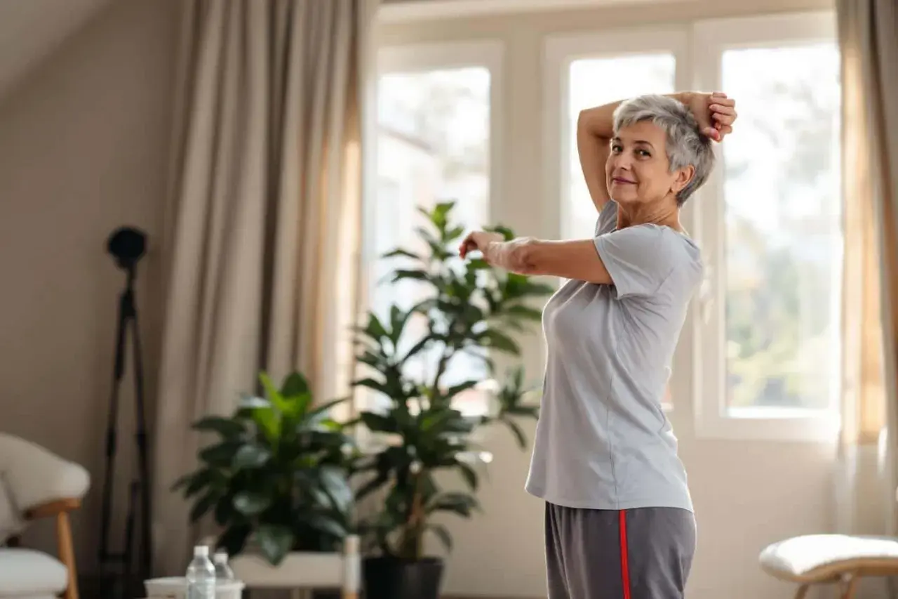 Une femme senior souriante pratique un assouplissement du dos, bras levés, dans un salon lumineux.