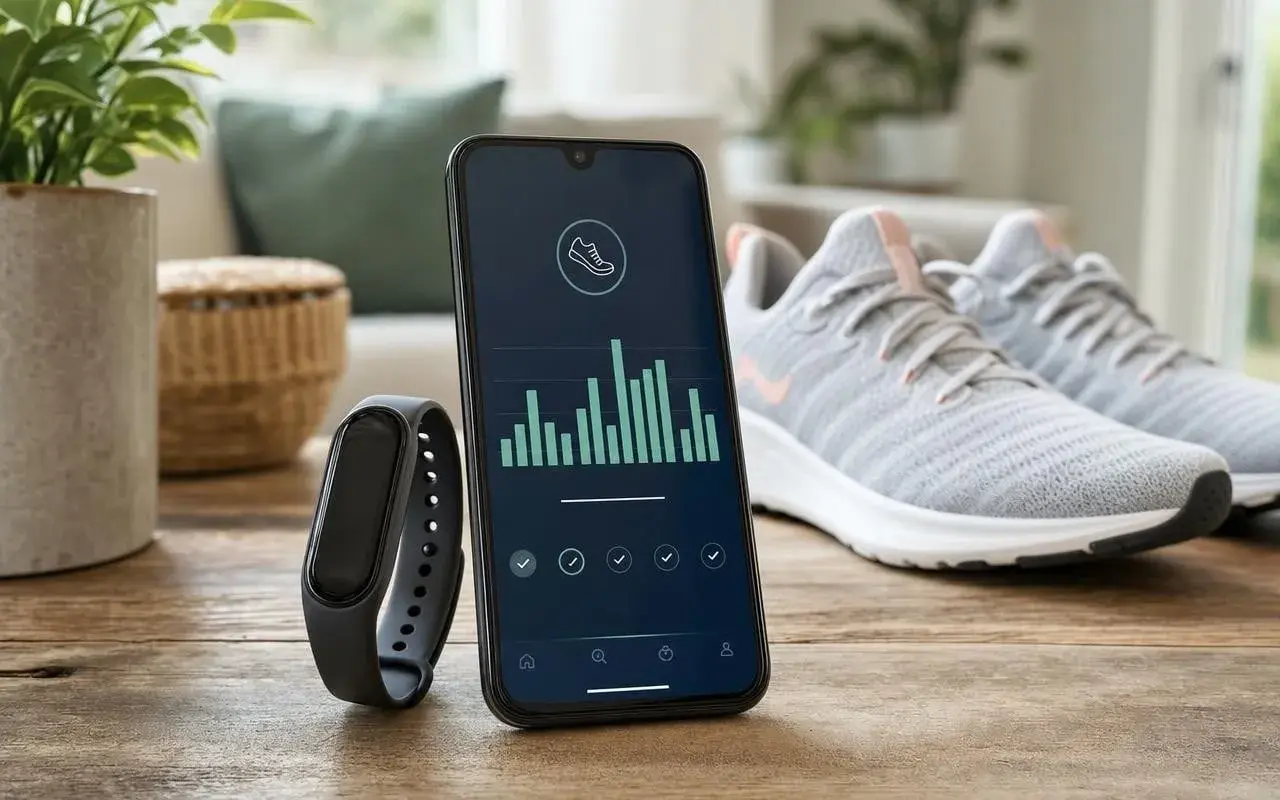 Montre connectée et smartphone affichant un graphique du nombre de pas par jour, à côté d'une paire de baskets.